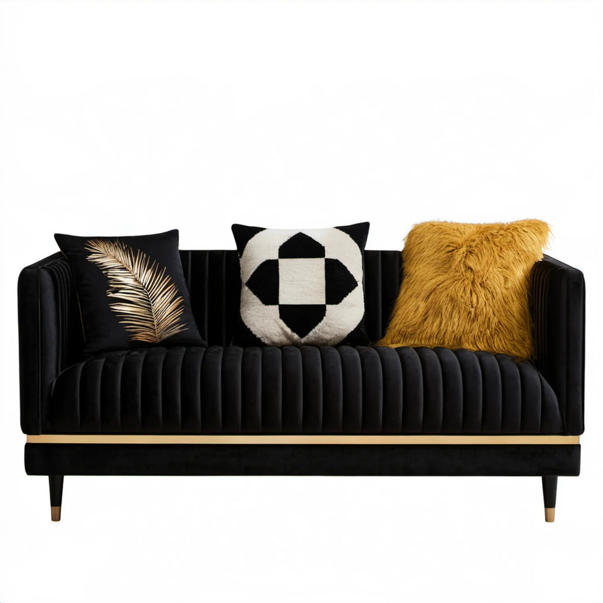 Czarna sofa dwuosobowa z aksamitną tapicerką i złotymi detalami 150 x 80 x 85 cm