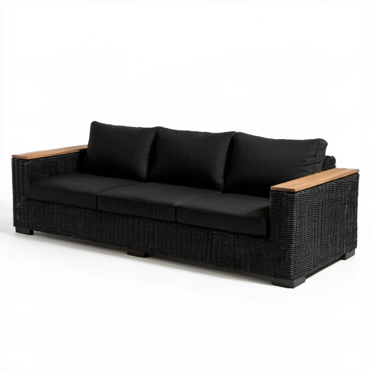 3-osobowa sofa ogrodowa z technorattanu PE z poduszkami, czarna/naturalna, 200 x 75 x 70 cm