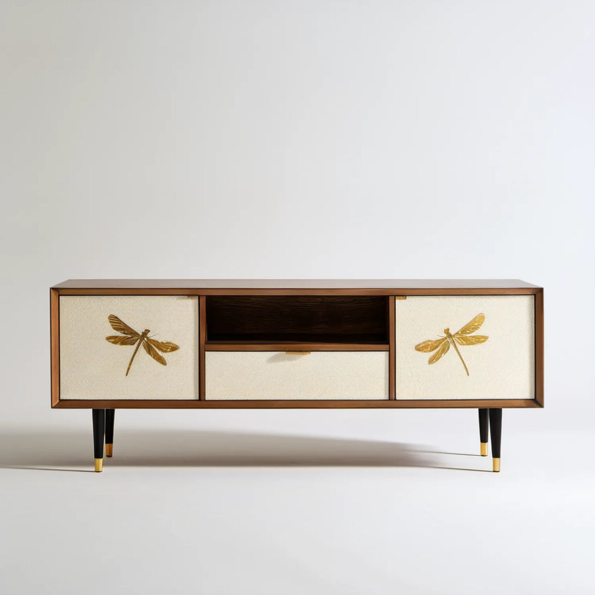 Szafka RTV w stylu vintage, orzechowa/ecru/czarna/złota, 160 x 40 x 70 cm