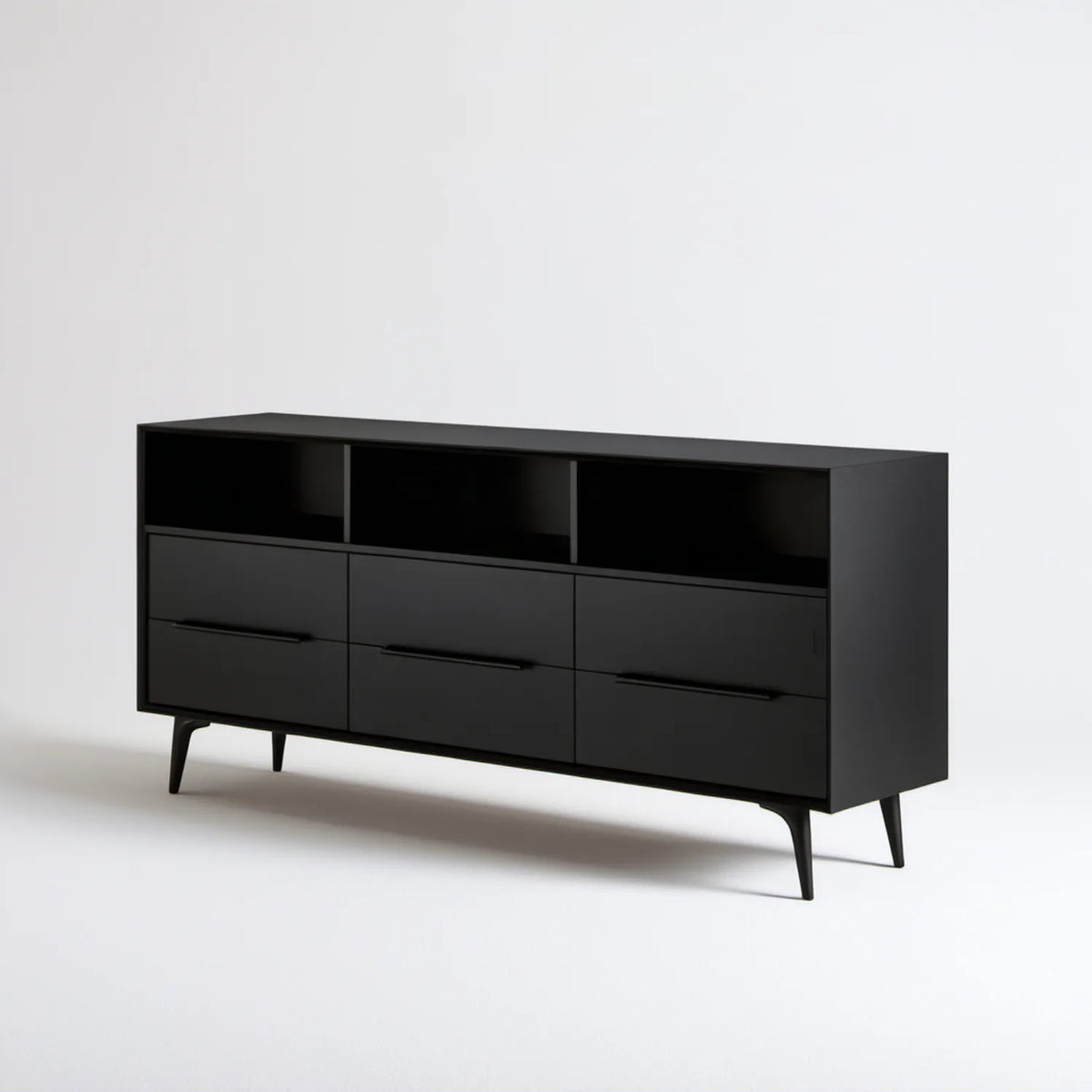 Czarna szafka RTV z 6 szufladami i 3 wnękami, 160 x 40 x 75 cm