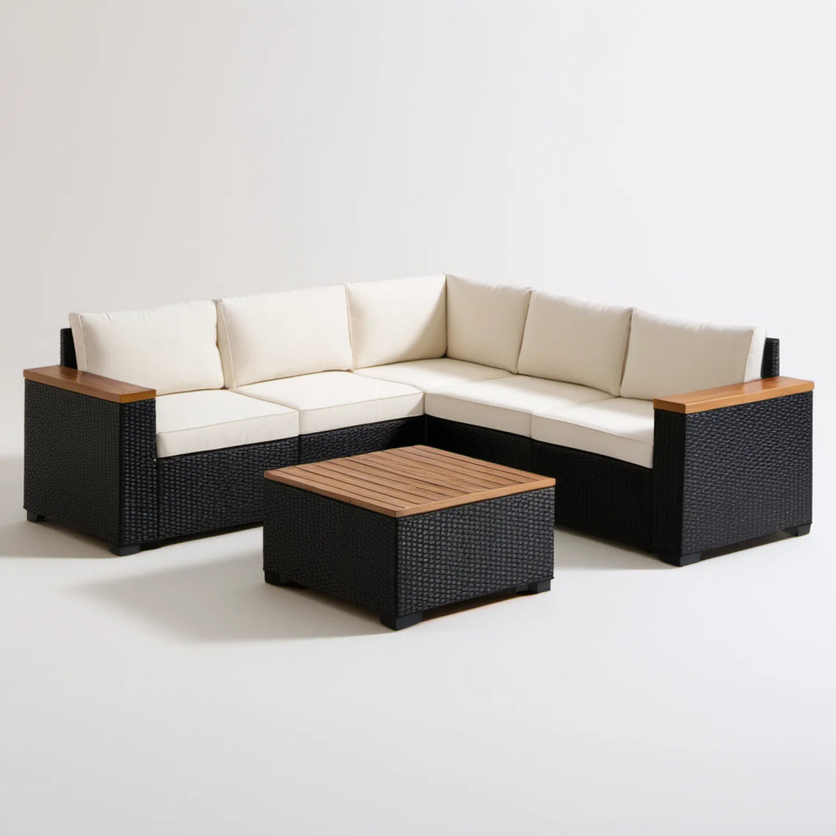 Narożny zestaw ogrodowy z technorattanu PE, 4 elementy, 220 x 220 x 65 cm, Czarny/Kremowy/Brązowy