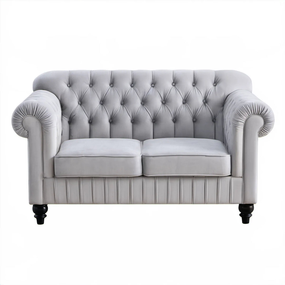 Dwuosobowa sofa Chesterfield z aksamitu, jasnoszara/czarna, 170 x 90 x 75 cm