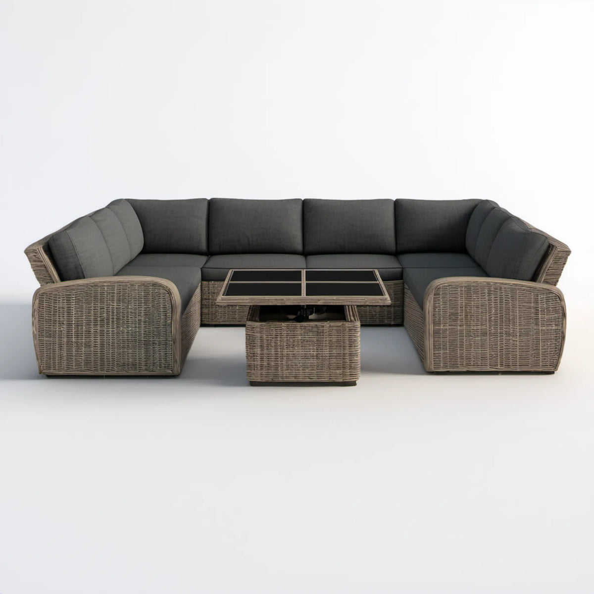 Modułowy zestaw ogrodowy w kształcie U z podnoszonym stolikiem i schowkiem, szarobrązowy/antracytowy/czarny, 320 × 220 × 85 cm