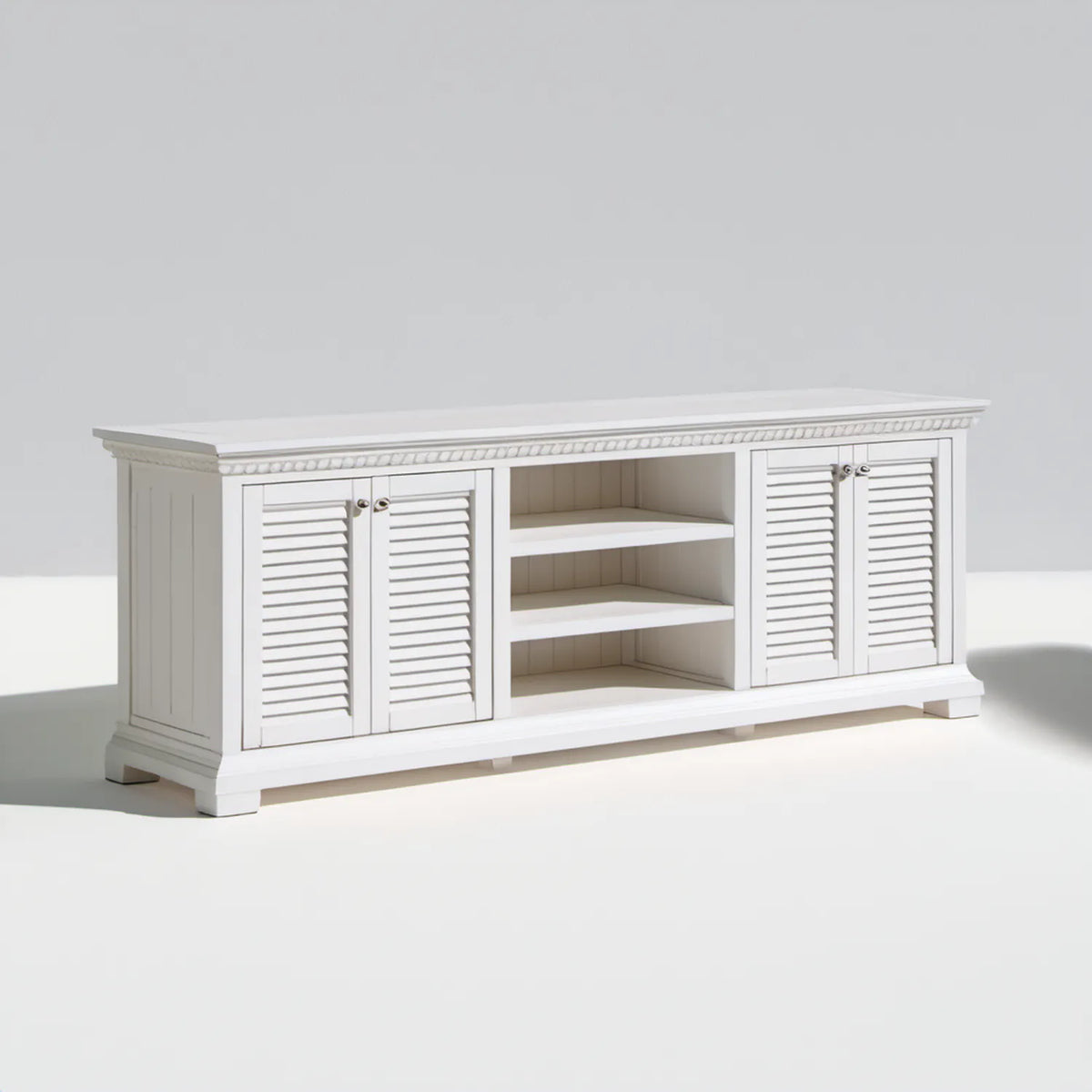 Biała szafka RTV z drewna sosnowego i MDF, 150 x 45 x 75 cm
