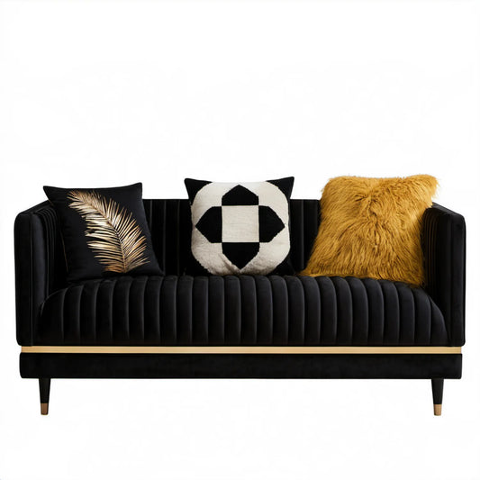Czarna sofa dwuosobowa z aksamitną tapicerką i złotymi detalami 150 x 80 x 85 cm