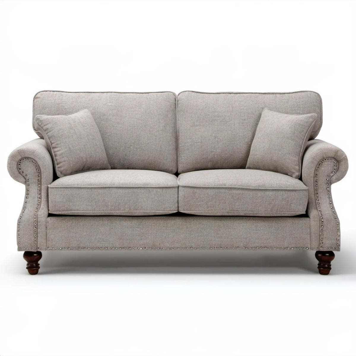 Dwuosobowa sofa klasyczna jasnoszara z ciemnobrązowymi nogami 163 x 90 x 91 cm