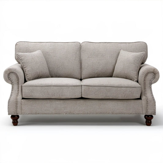 Dwuosobowa sofa klasyczna jasnoszara z ciemnobrązowymi nogami 163 x 90 x 91 cm