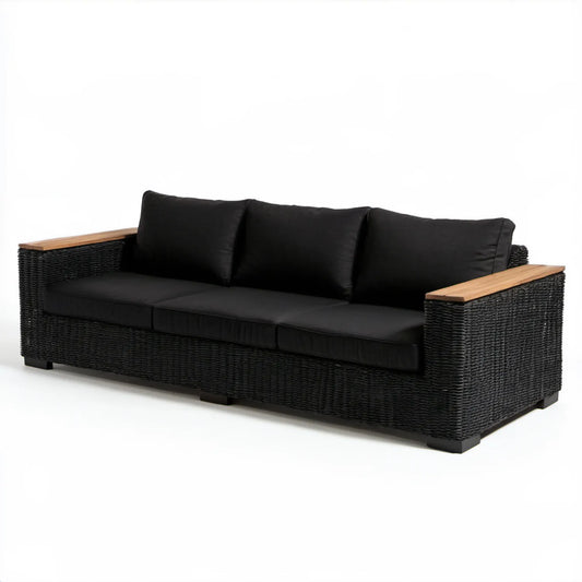 3-osobowa sofa ogrodowa z technorattanu PE z poduszkami, czarna/naturalna, 200 x 75 x 70 cm