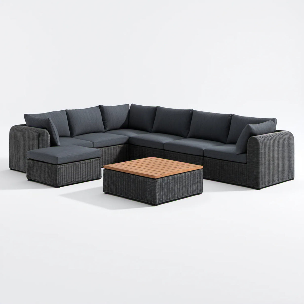 Modułowy narożnik ogrodowy z szezlongiem i stolikiem 280 x 210 x 68 cm Czarny/Ciemnoszary/Brązowy
