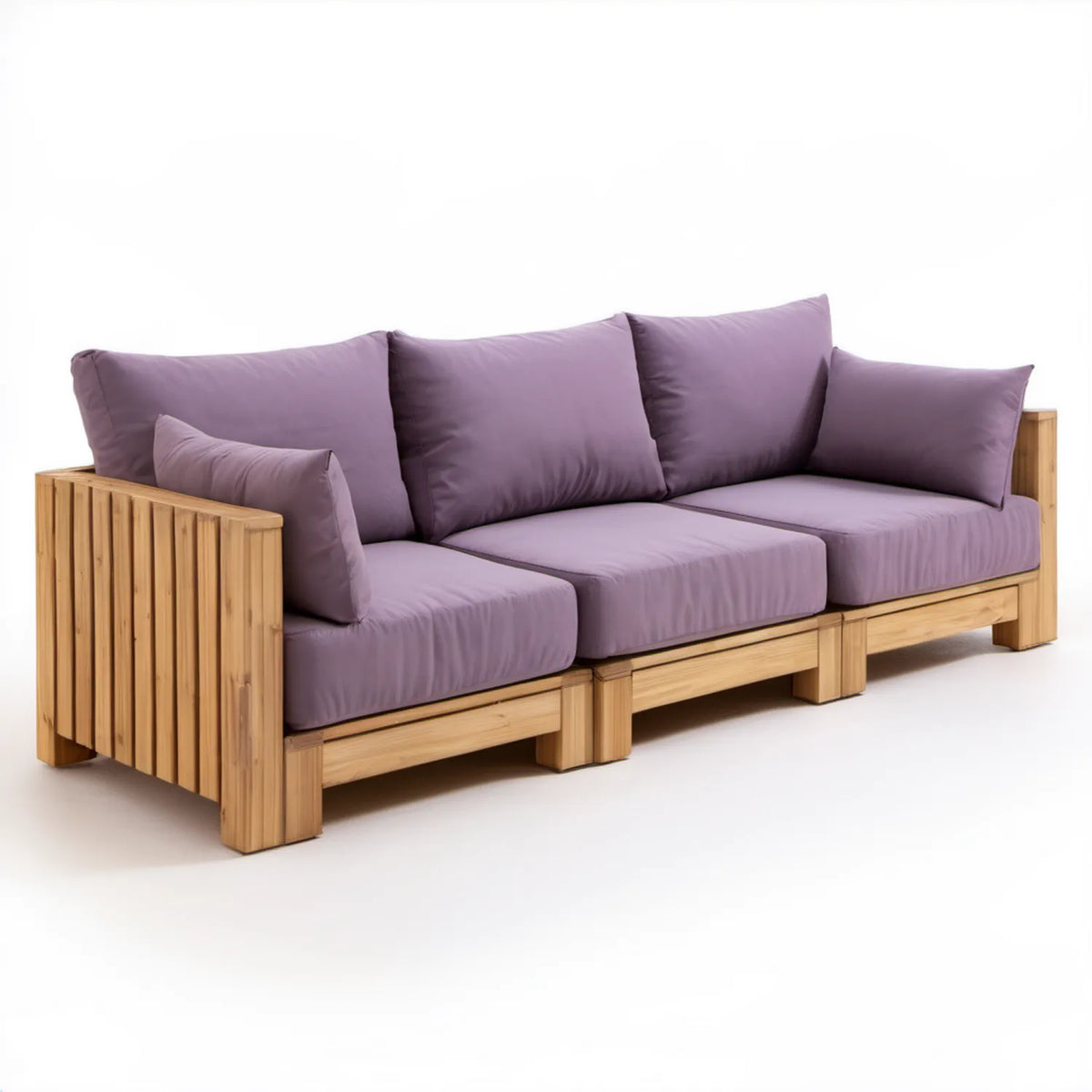 3-osobowa sofa ogrodowa z drewna akacjowego z fioletowymi poduszkami, 210 × 75 × 70 cm