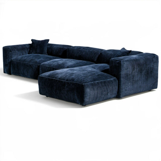Granatowa sofa modułowa z pufą ze sztruksową tapicerką 300 x 190 x 75 cm
