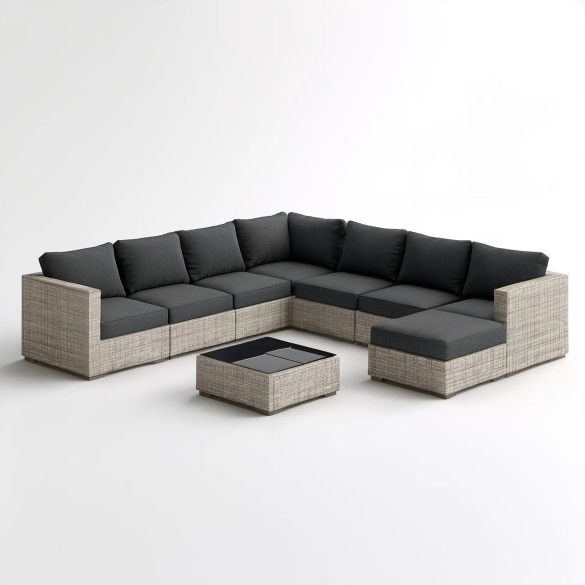 Ogrodowy narożnik modułowy z technorattanu PE, szaro-czarny, 300 × 230 × 85 cm
