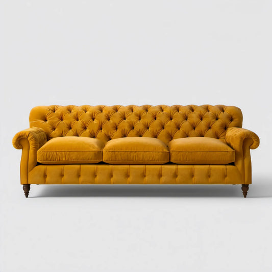 Trzyosobowa sofa Chesterfield musztardowa z tapicerką aksamitną 230 x 90 x 78 cm