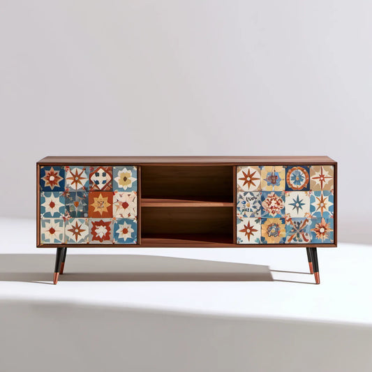 Orzechowa szafka RTV z ceramicznymi frontami, 2 drzwiami przesuwnymi, 160 x 40 x 70 cm