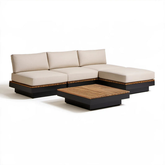 Beżowo-czarna narożna sofa ogrodowa w kształcie L ze stolikiem, 240 × 160 × 78 cm